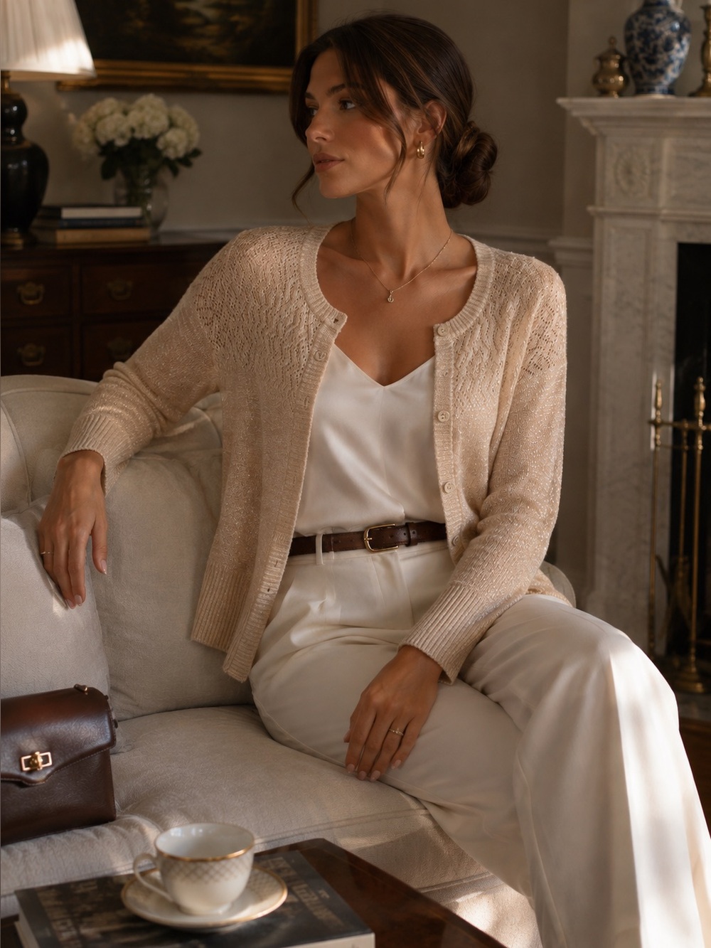 XOXO Gold Metallic Shimmer Pointelle Quiet Luxury Button Down Cardigan Size L